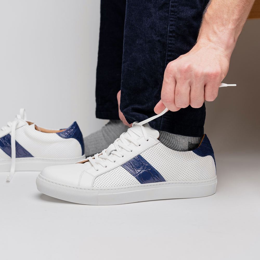 Olympias Italian Calfskin and Crocodile Stripe Sneaker | Navy
