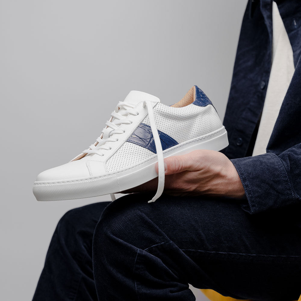 Olympias Italian Calfskin and Crocodile Stripe Sneaker | Navy