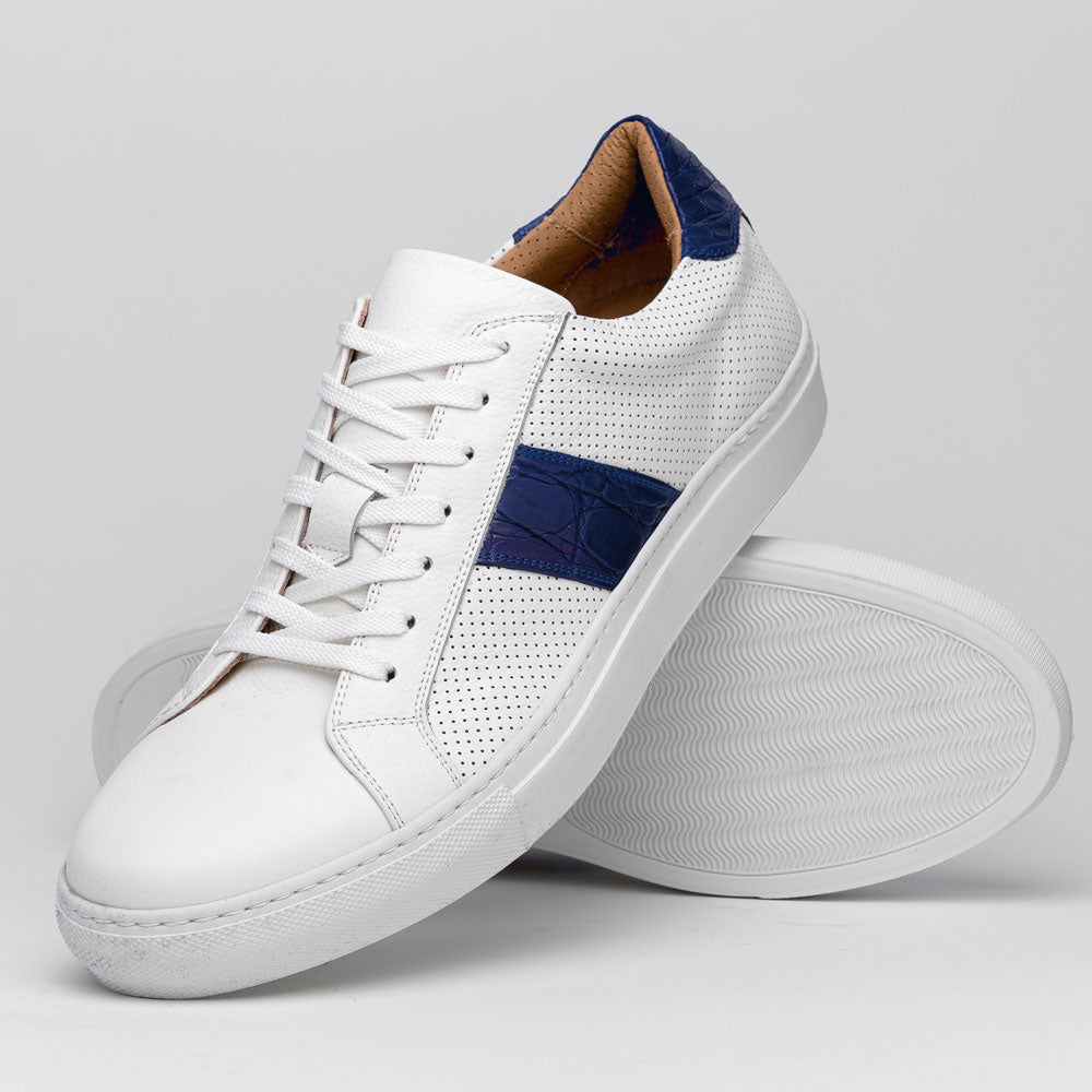 Olympias Italian Calfskin and Crocodile Stripe Sneaker | Navy