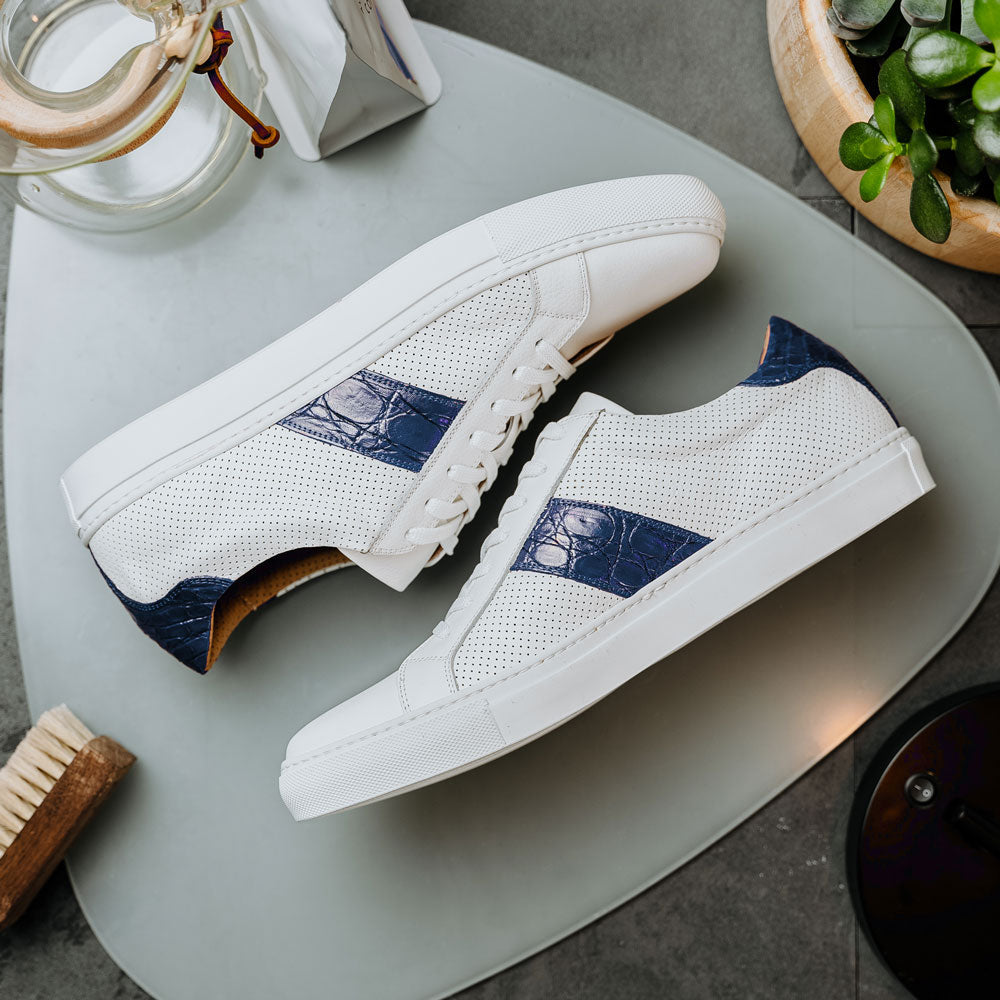 Olympias Italian Calfskin and Crocodile Stripe Sneaker | Navy