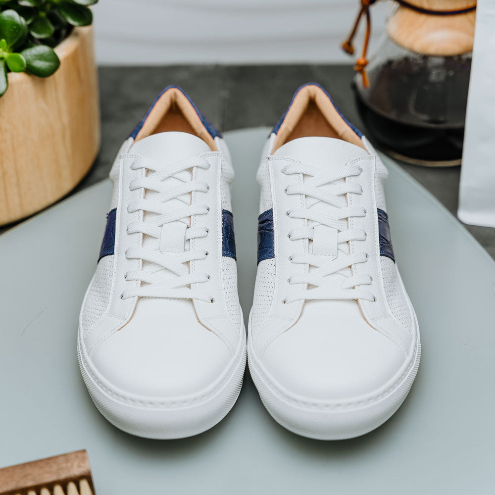 Olympias Italian Calfskin and Crocodile Stripe Sneaker | Navy