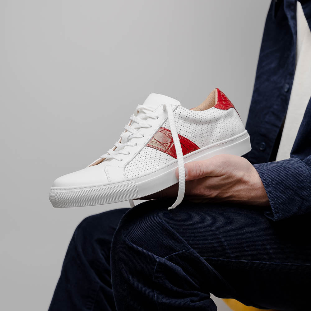 Olympias Italian Calfskin and Crocodile Stripe Sneaker | Red