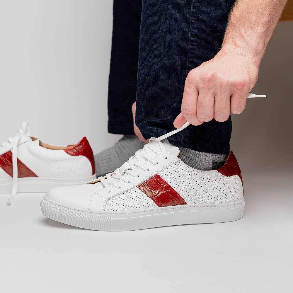 Olympias Italian Calfskin and Crocodile Stripe Sneaker | Red