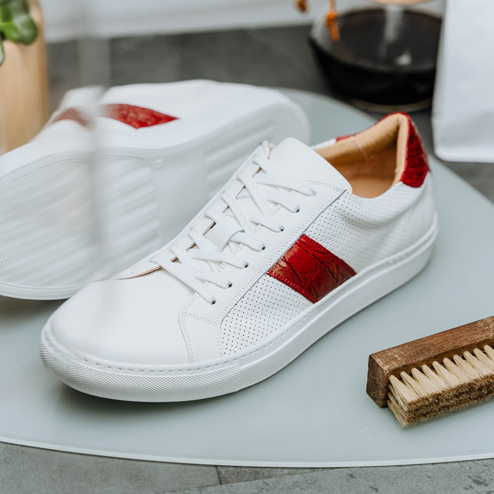 Olympias Italian Calfskin and Crocodile Stripe Sneaker | Red