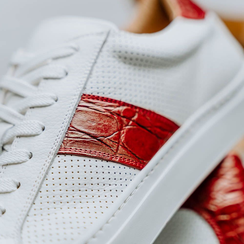 Olympias Italian Calfskin and Crocodile Stripe Sneaker | Red