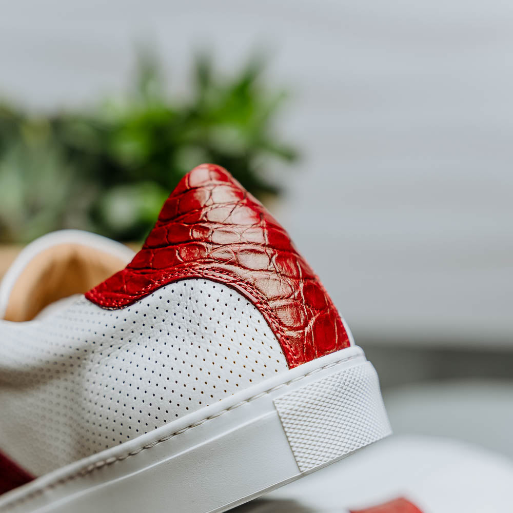 Olympias Italian Calfskin and Crocodile Stripe Sneaker | Red