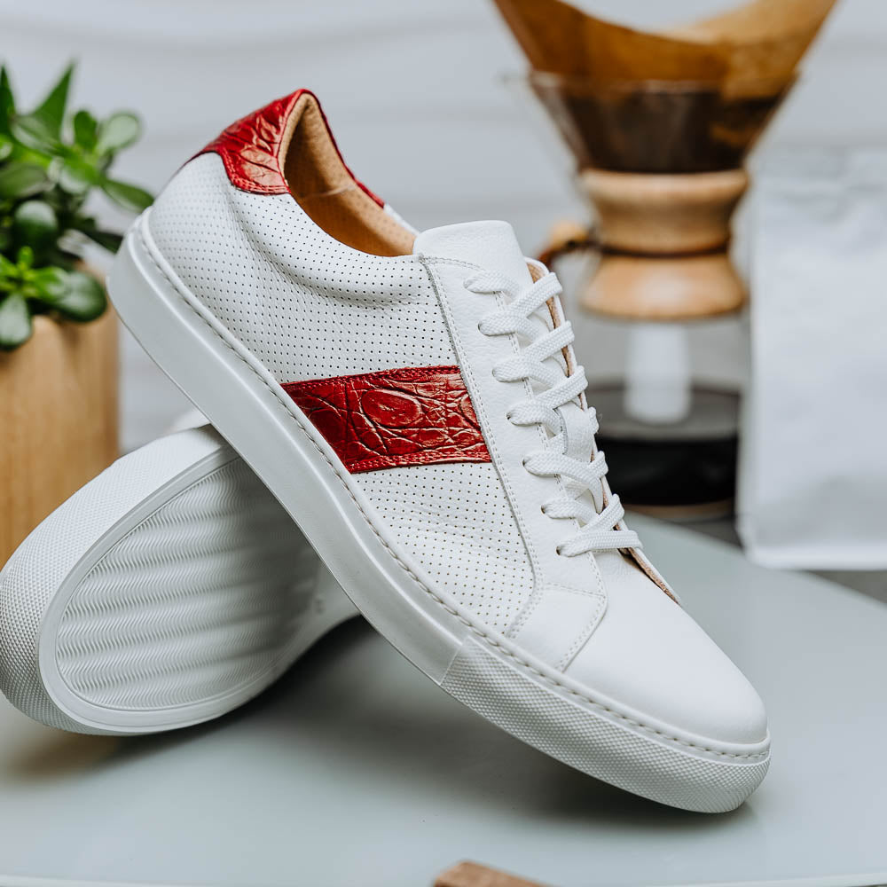 Olympias Italian Calfskin and Crocodile Stripe Sneaker | Red