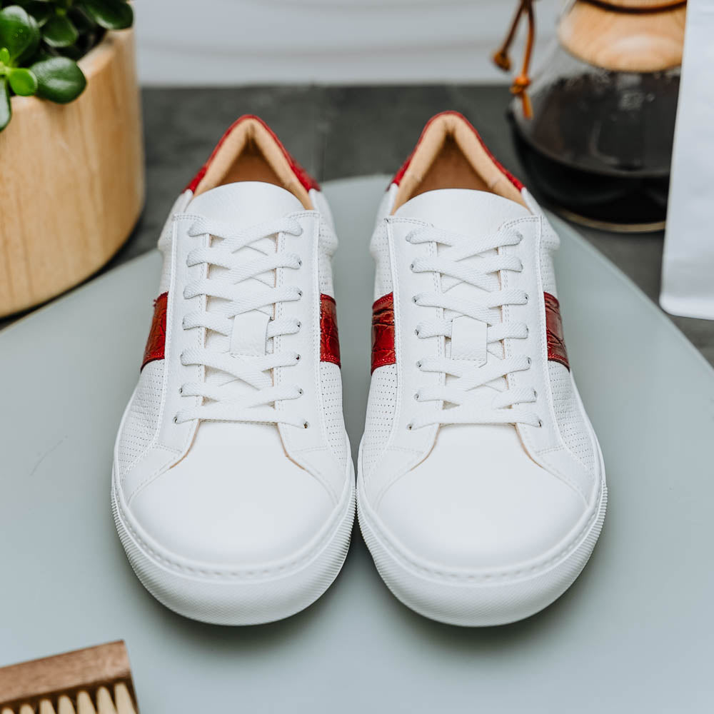 Olympias Italian Calfskin and Crocodile Stripe Sneaker | Red