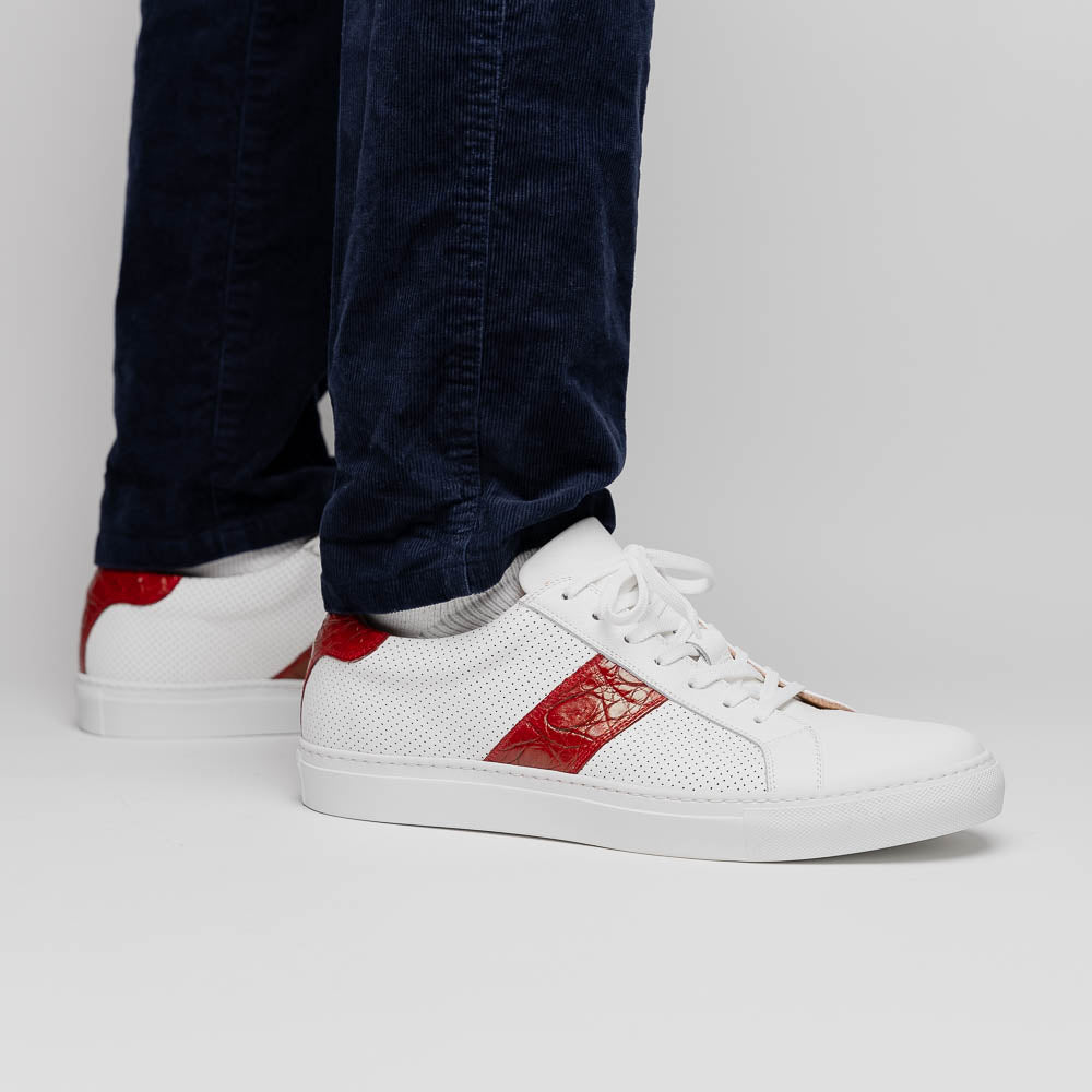 Olympias Italian Calfskin and Crocodile Stripe Sneaker | Red