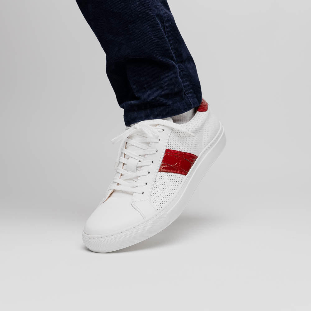 Olympias Italian Calfskin and Crocodile Stripe Sneaker | Red