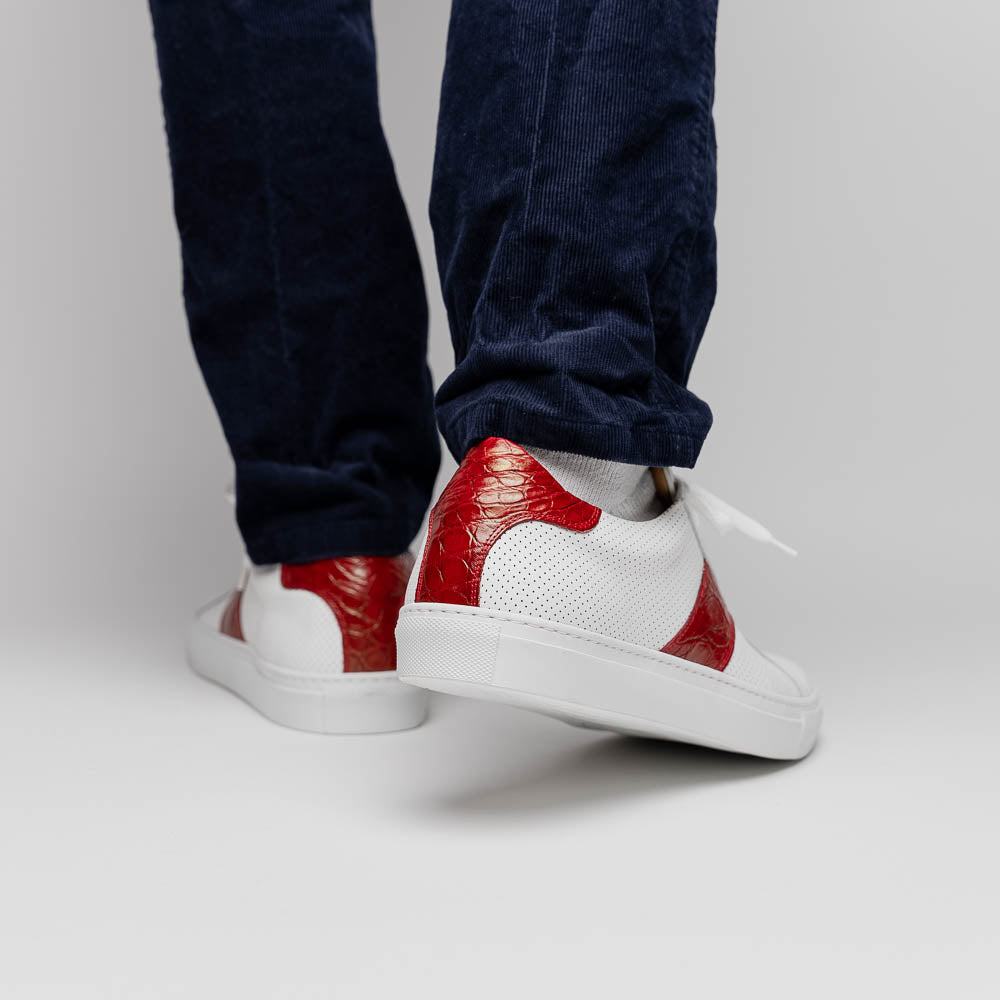 Olympias Italian Calfskin and Crocodile Stripe Sneaker | Red