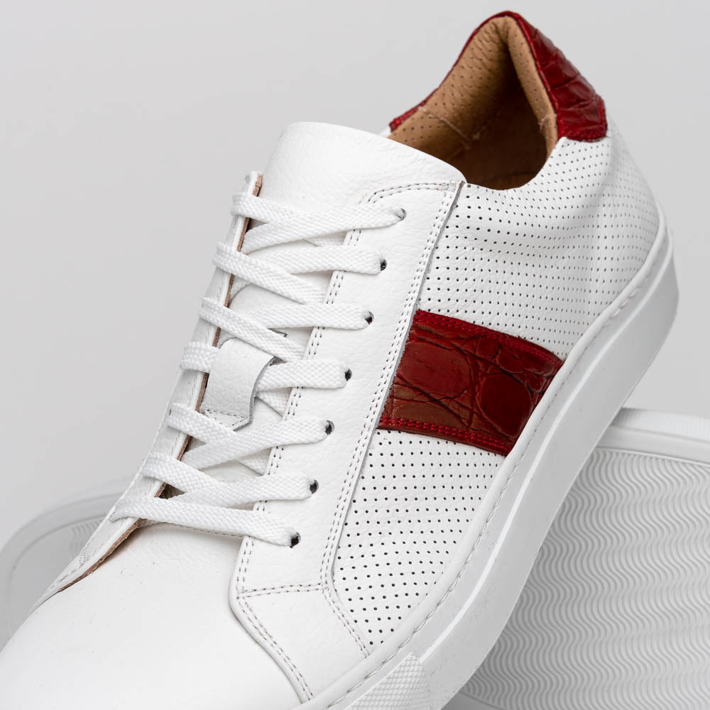 Olympias Italian Calfskin and Crocodile Stripe Sneaker | Red