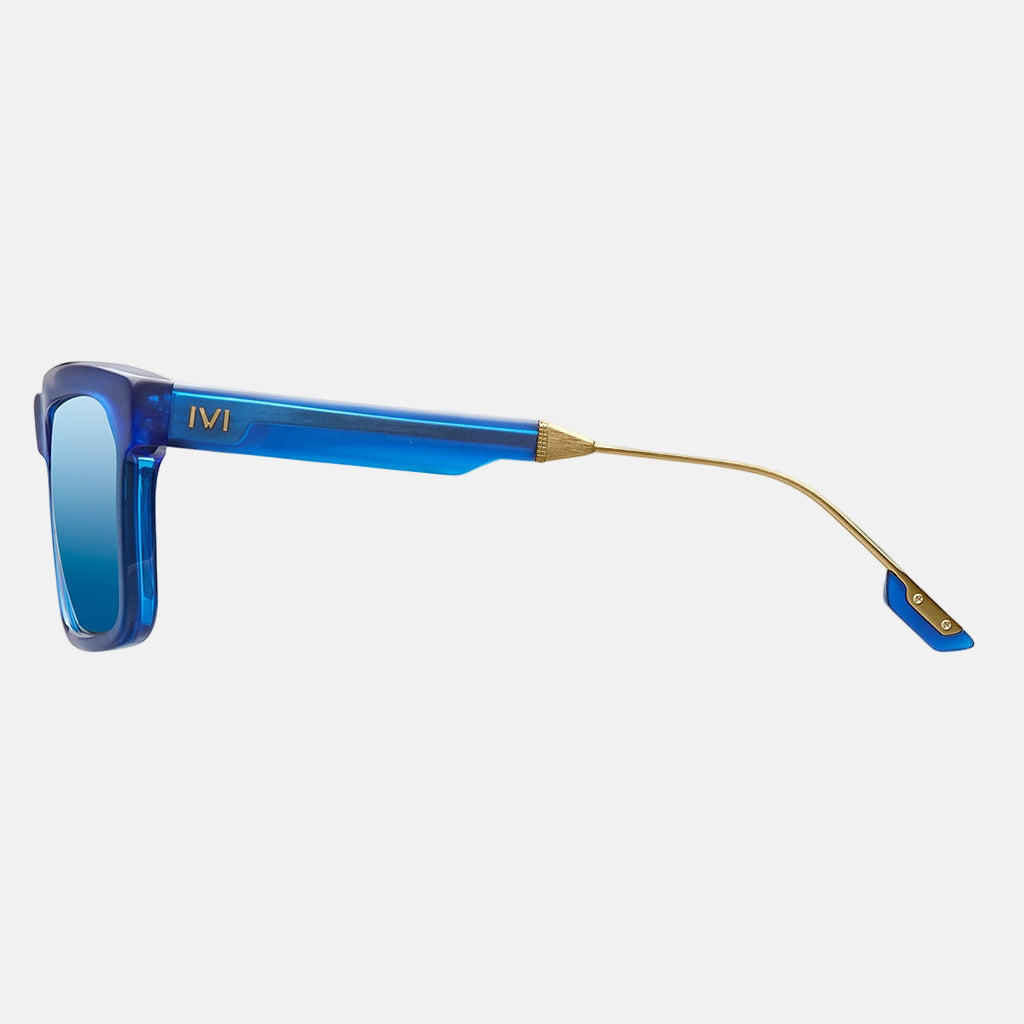 Deano Sunglasses Matte Midway Blue Antique Brass | Pacific Blue Flash Lens