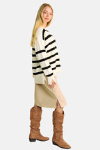 High-Low Side Slit Striped Johnny Collar Sweater