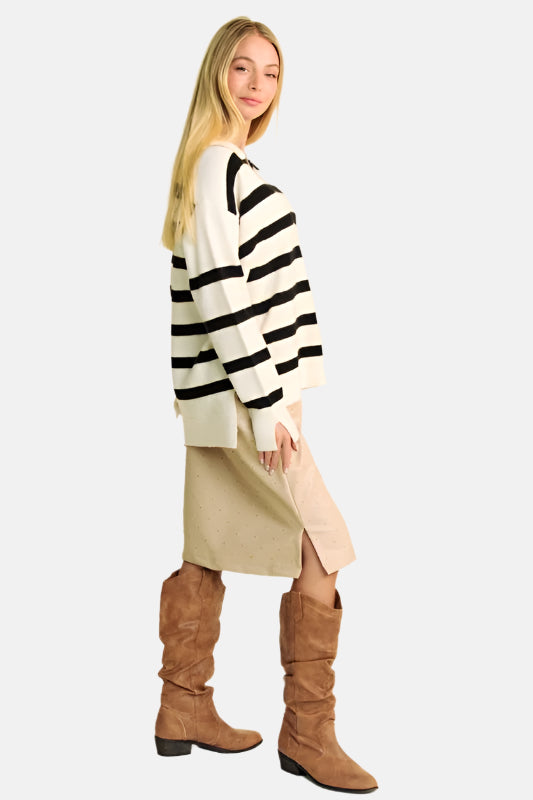 High-Low Side Slit Striped Johnny Collar Sweater