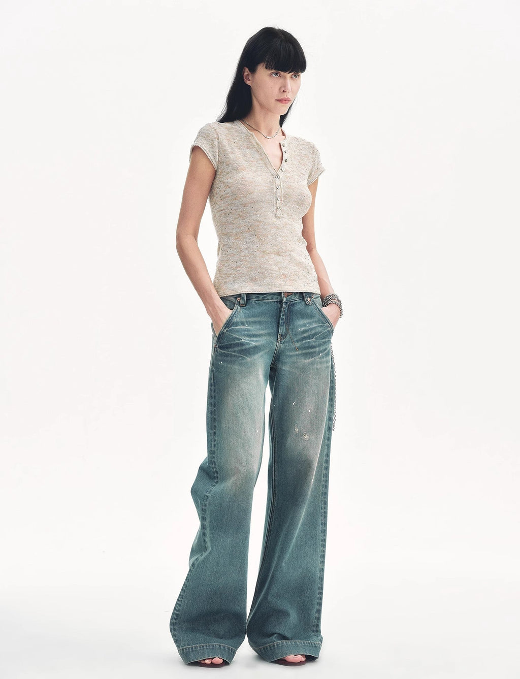Cotton and Linen Blend Sequined Henley Neck Top ‘Minimalist Light Gap’