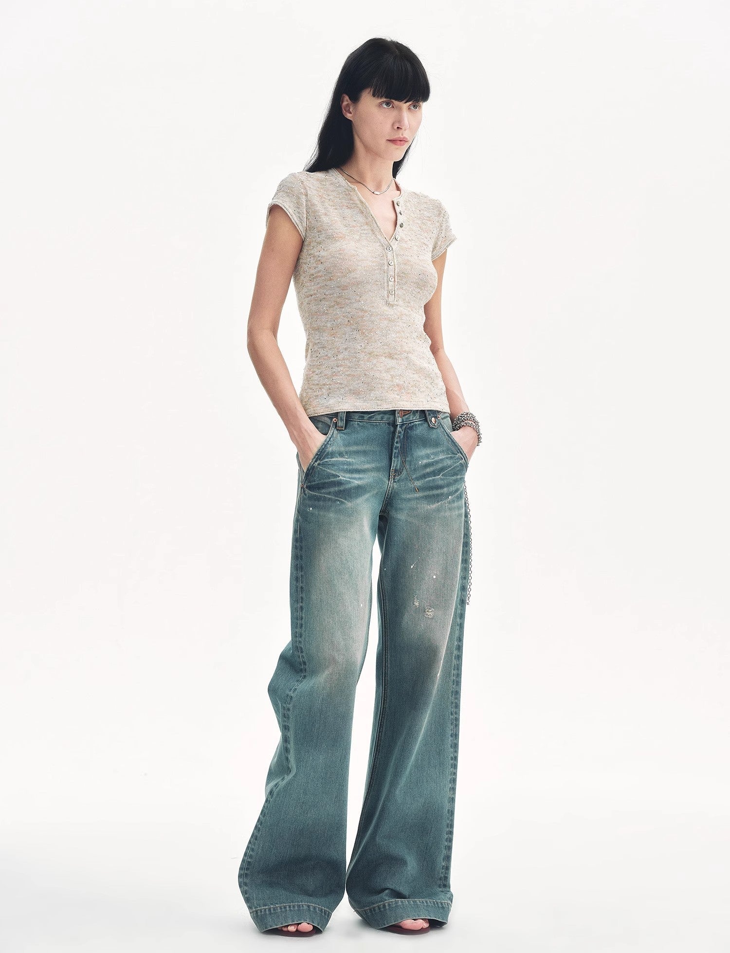 Cotton and Linen Blend Sequined Henley Neck Top ‘Minimalist Light Gap’