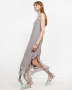 Acetate Mulberry Silk V-Neck Ruffled Draped Twist Strap Summer Dress ‘Rosy Ombre’