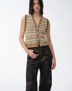 ‘Nice Weekend’ Striped Mixed Woven Knit Cardigan/Vest