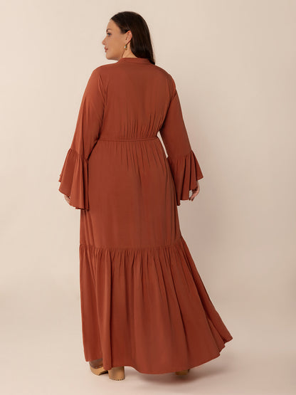 Ruffled Notched Long Sleeve Midi Dress