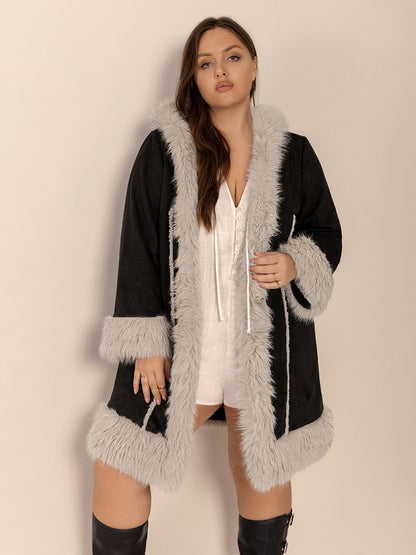 Fuzzy Trim Open Front Long Sleeve Hooded Coat