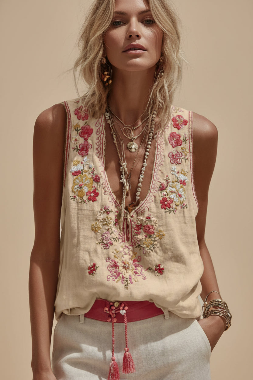 Women's Botanical Floral Print V-Neck Tank Top | 3D Digital Print