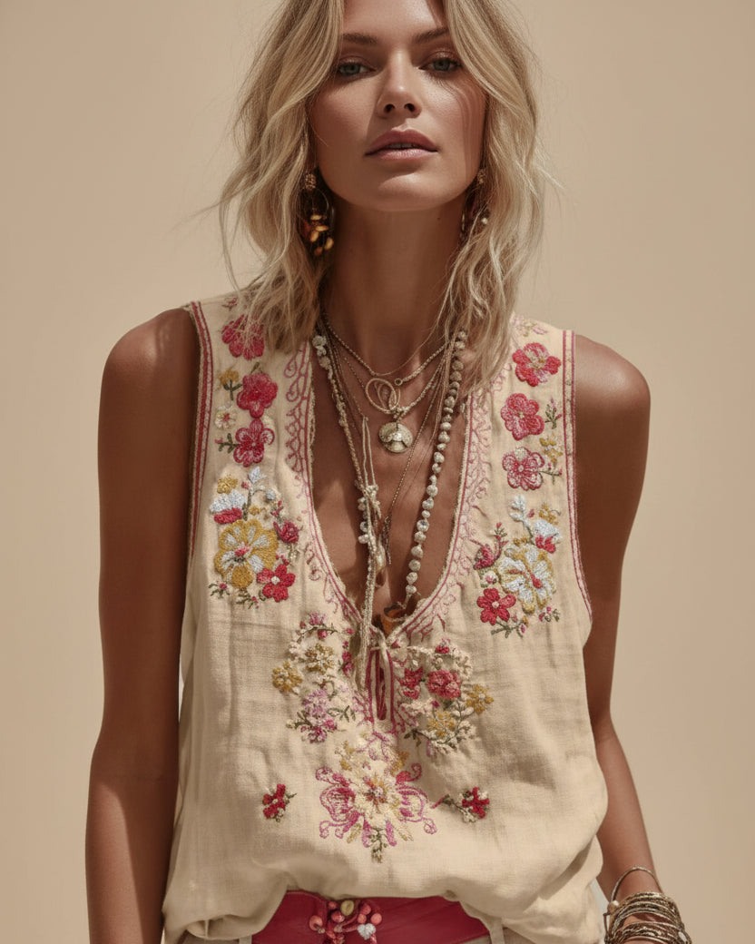Women's Botanical Floral Print V-Neck Tank Top | 3D Digital Print