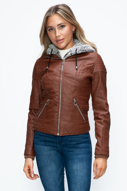 Faux Layered Double-Zipper Jacket with Fuzzy Hood Brown