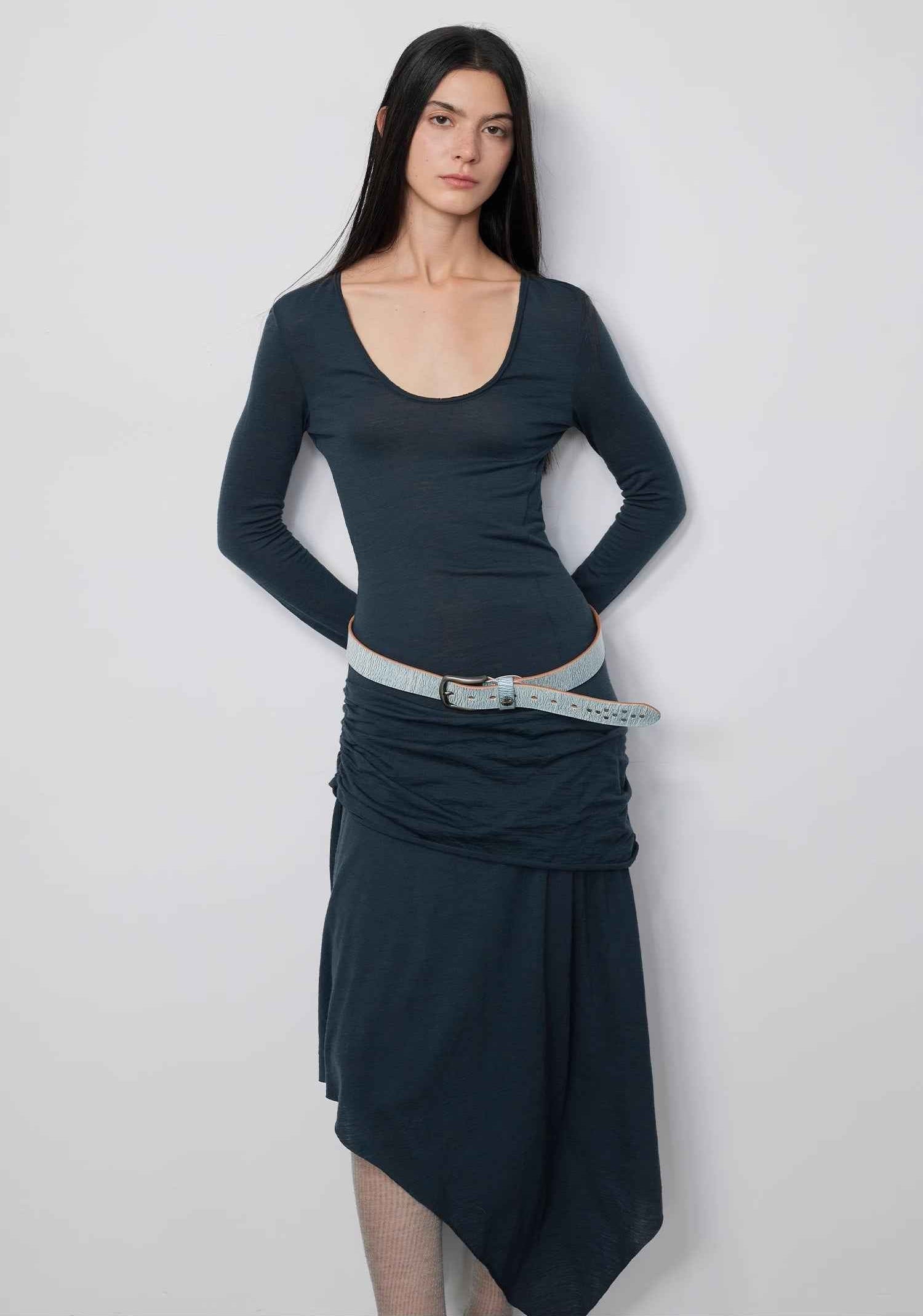 'Dreamy Ball' Lightweight and Breathable 100% Wool U-Neck Irregular Hem Dress