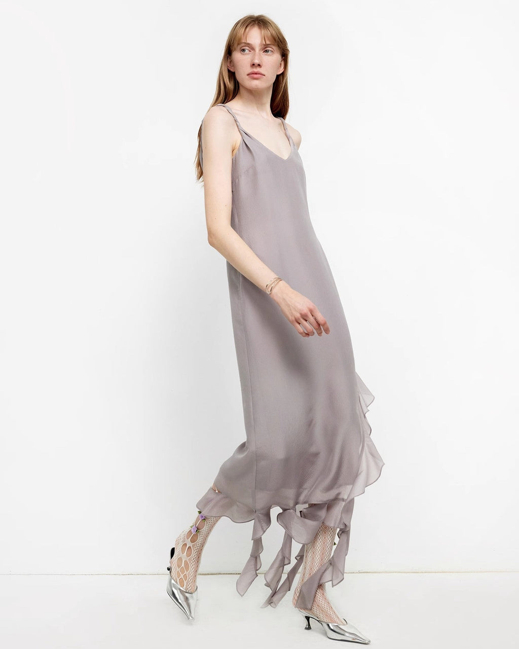 Acetate Mulberry Silk V-Neck Ruffled Draped Twist Strap Summer Dress ‘Rosy Ombre’