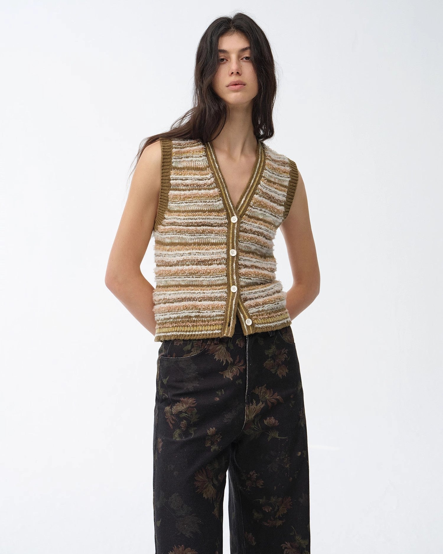 ‘Nice Weekend’ Striped Mixed Woven Knit Cardigan/Vest