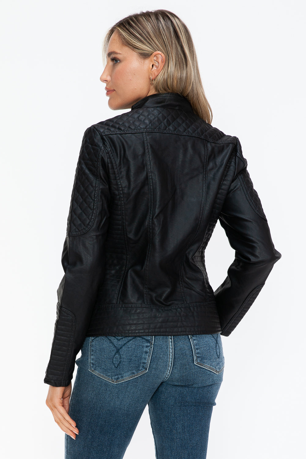 Black Faux Leather Zip-Up Mock Neck Jacket