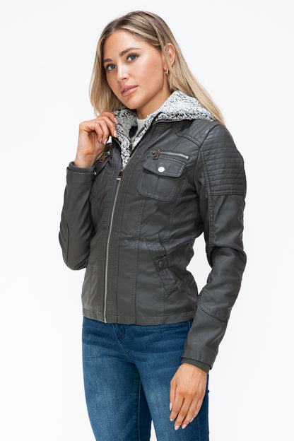 Removable Faux Layered Multi-Pocket Jacket with Fuzzy Hood Charcoal