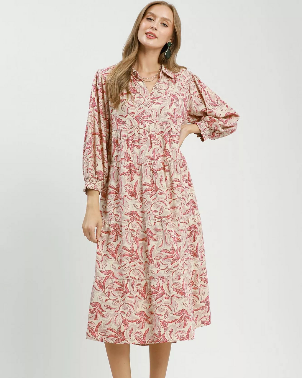 Linen Botanical Print Tiered Midi Dress