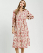 Linen Botanical Print Tiered Midi Dress