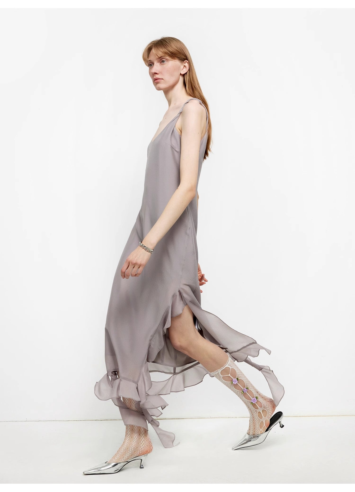 Acetate Mulberry Silk V-Neck Ruffled Draped Twist Strap Summer Dress ‘Rosy Ombre’
