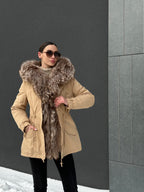 Genuine Silver Fur Trim Parka with Rabbit Fur Insulation Khaki