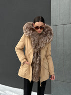 Genuine Silver Fur Trim Parka with Rabbit Fur Insulation Khaki