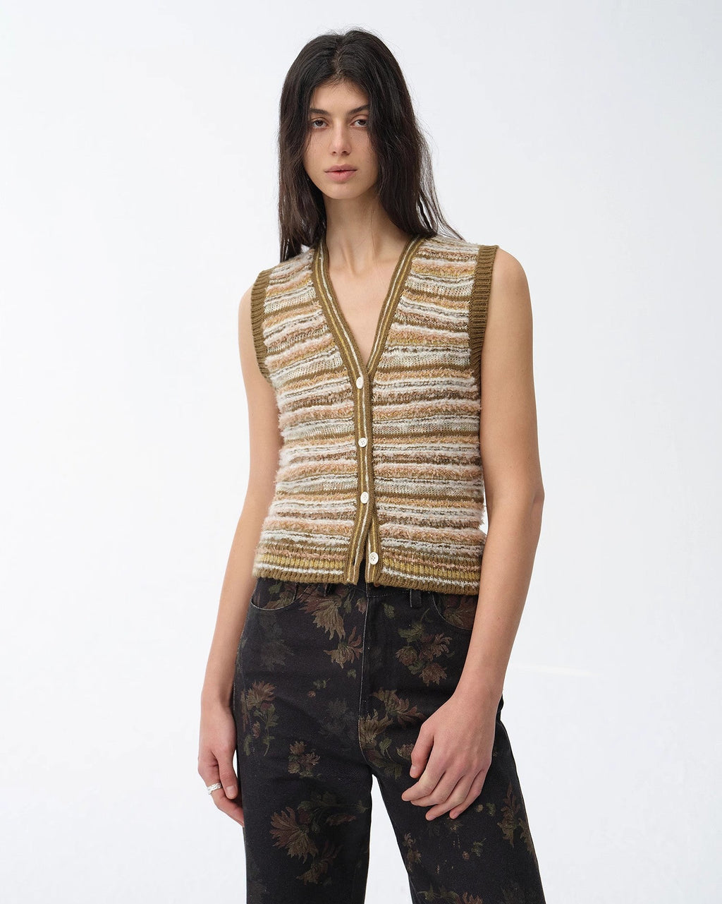 ‘Nice Weekend’ Striped Mixed Woven Knit Cardigan/Vest
