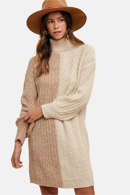 Two-Tone Knitted Turtleneck Sweater Dress