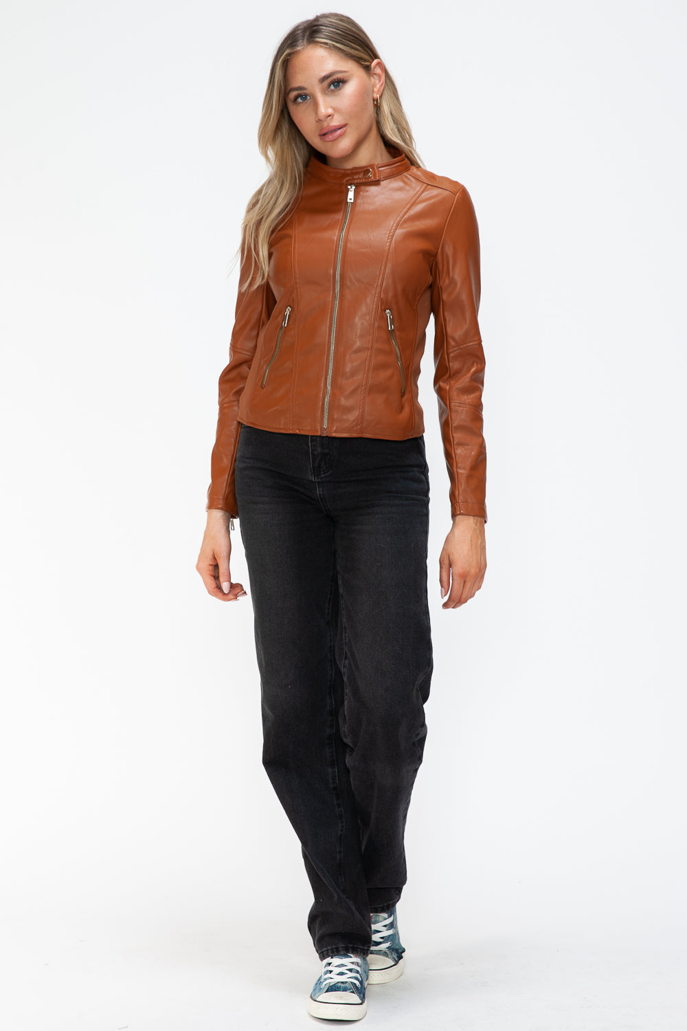 Camel Leather Zip-Up Drawstring Hooded Jacket