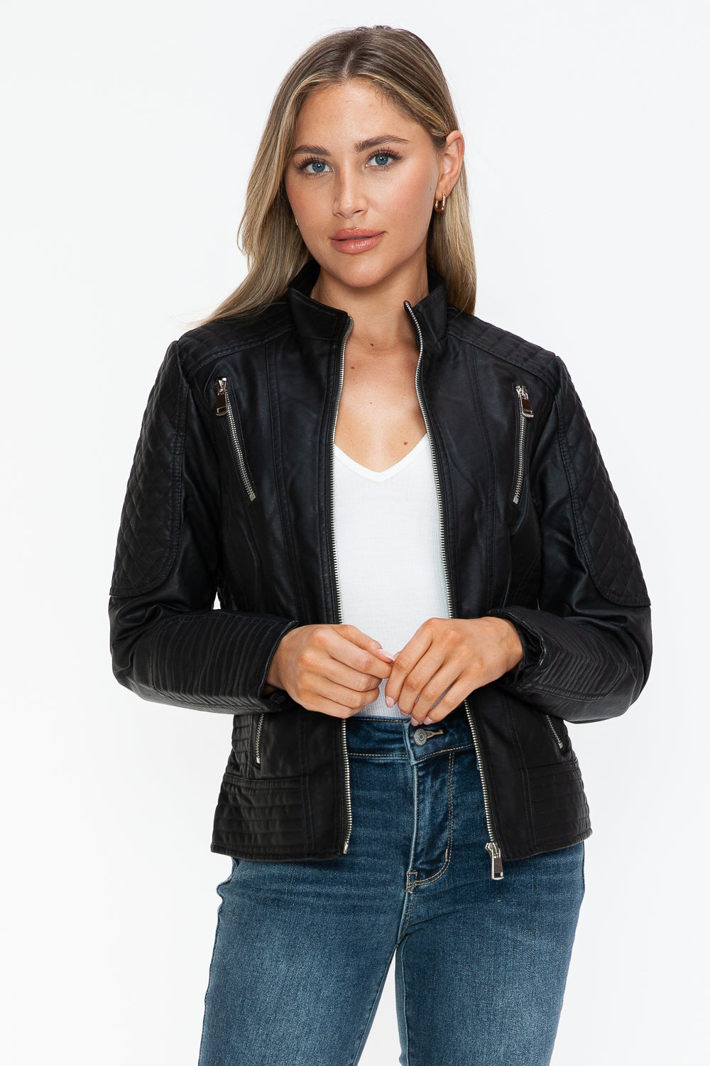 Black Faux Leather Zip-Up Mock Neck Jacket