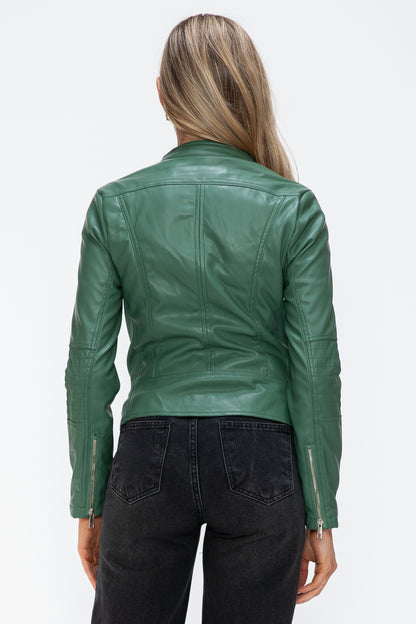 Sage Leather Zip-Up Drawstring Hooded Jacket