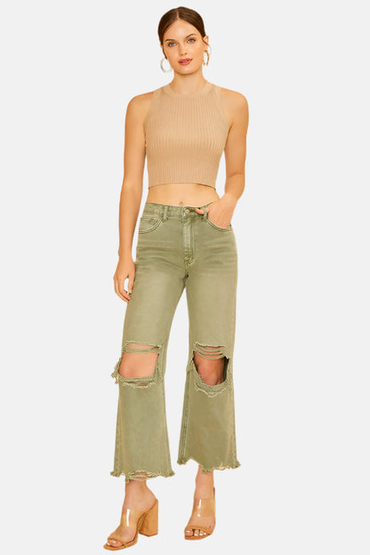 Distressed Raw Hem Jeans Green