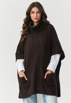 Oversized Wool Blend Turtleneck Poncho Sweater in Choco