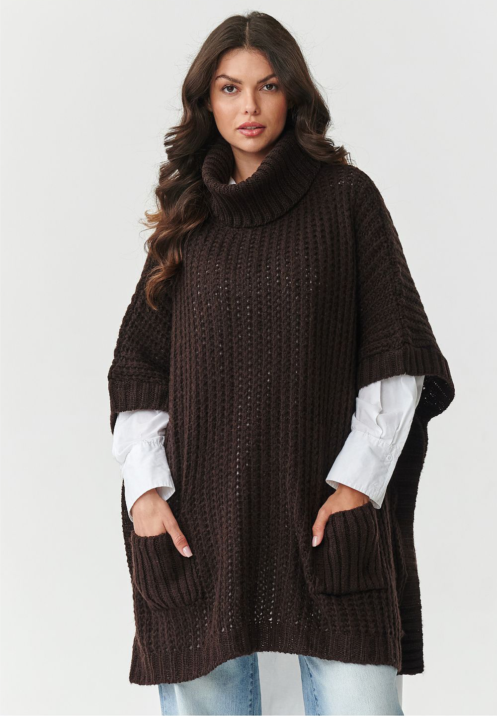Oversized Wool Blend Turtleneck Poncho Sweater in Choco