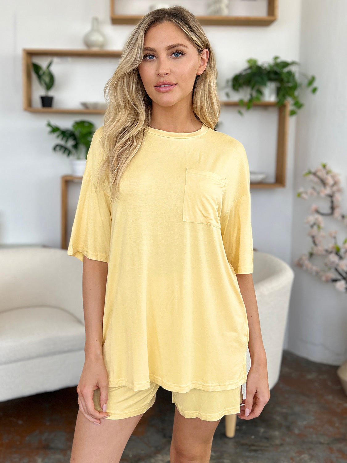Basic Bae Bamboo Round Neck Drop Shoulder T-Shirt and Shorts Set