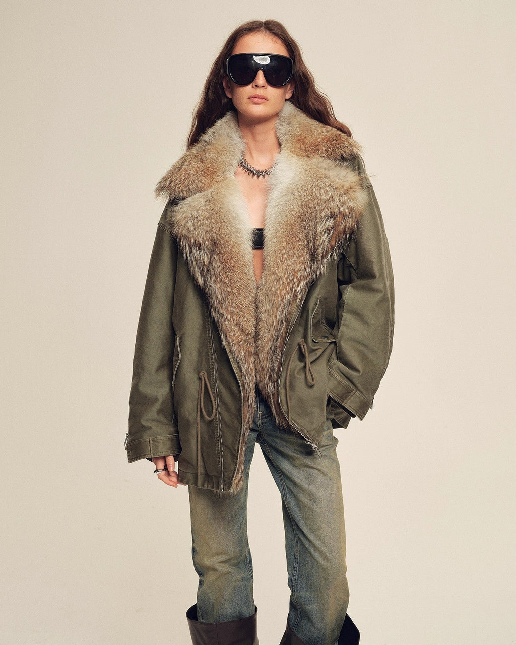 Fireladyfur Sheepskin Parka Coat with Two-Tone Toscana Coyote Fur Collar