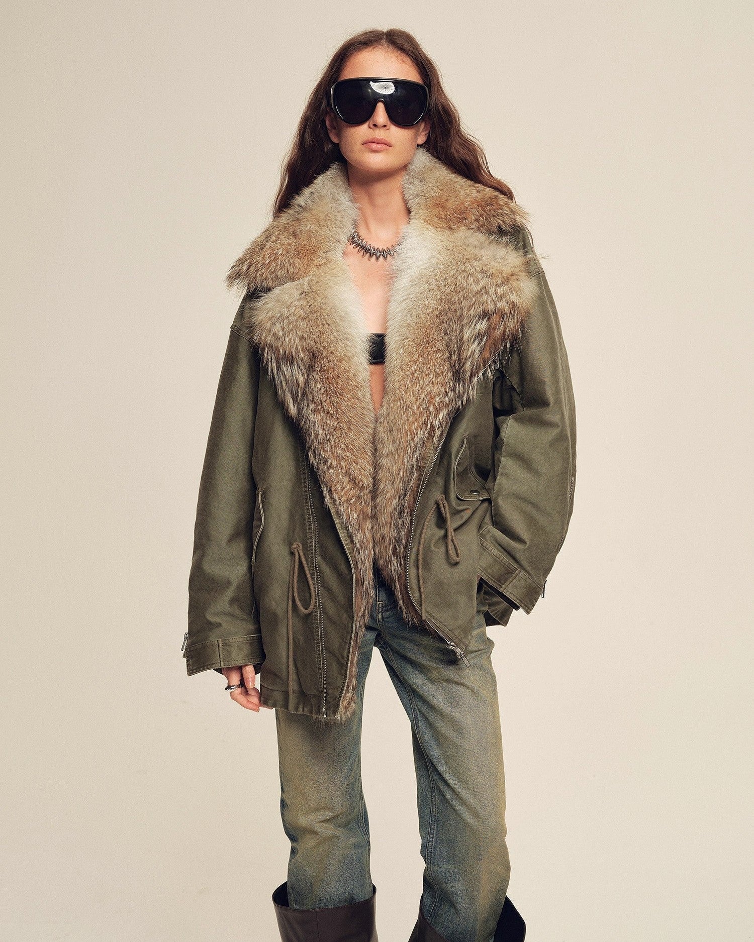 Fireladyfur Sheepskin Parka Coat with Two-Tone Toscana Coyote Fur Collar