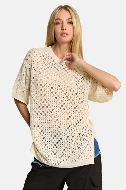 Side Slit Openwork Half Sleeve Knit Cover Up